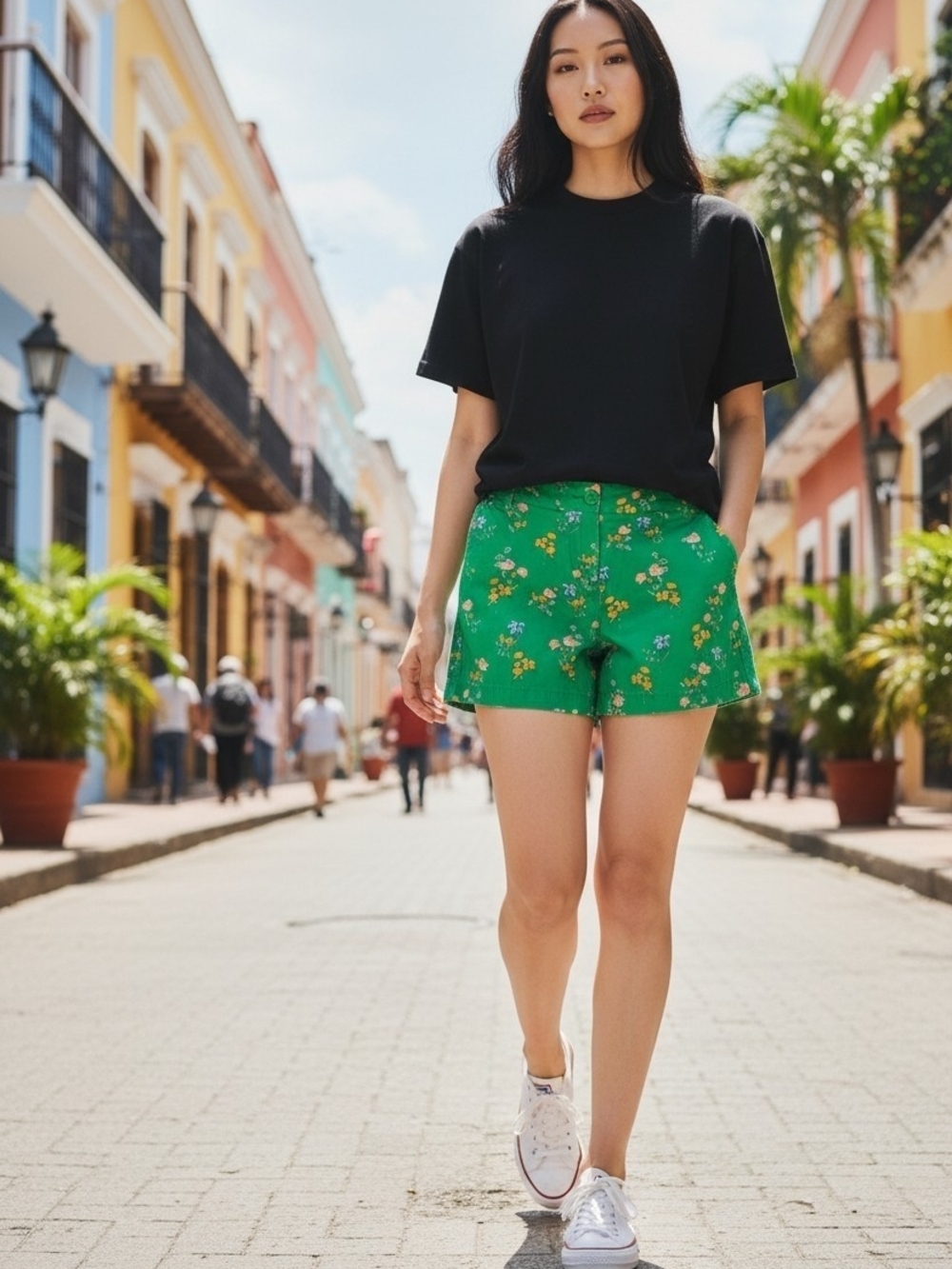 crown & ivy CAROLINE Stylish Womens Cotton Shorts Size 6 Green Floral Mid Rise